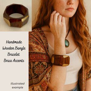 Handmade Wooden Bangle Bracelet Brass Accent Faceted Chunky Boho Indie Jewelry